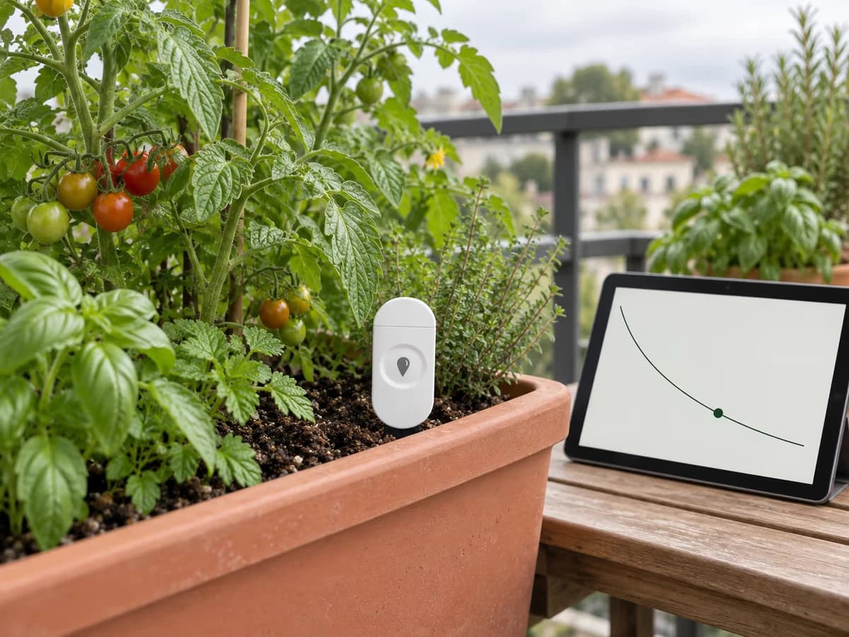 Capteur d'humidité blanc planté dans une jardinière de tomates, tablette voisine affichant une courbe décroissante