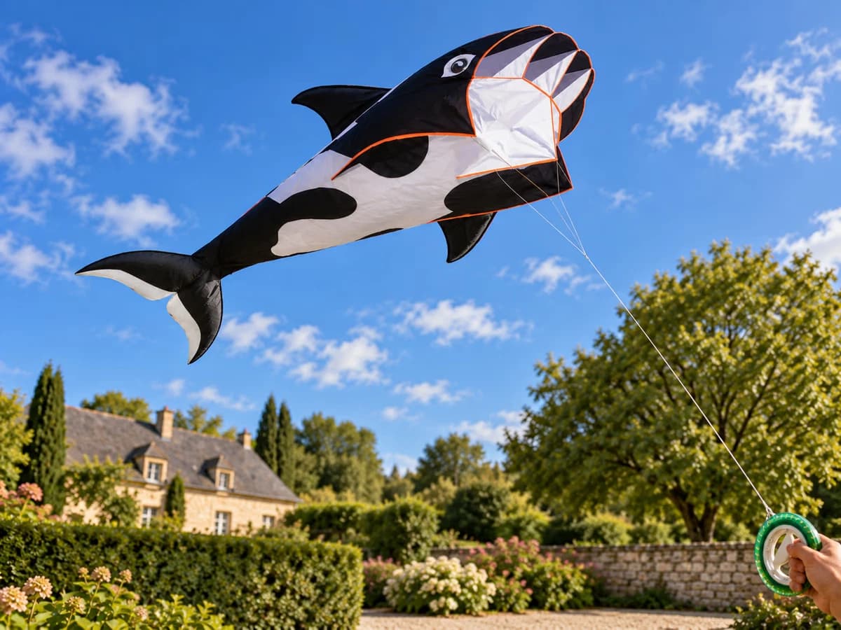 Grand cerf-volant souple en forme d'orque bleue et blanche volant dans le ciel au-dessus d'un jardin, ligne tenue au sol par une personne