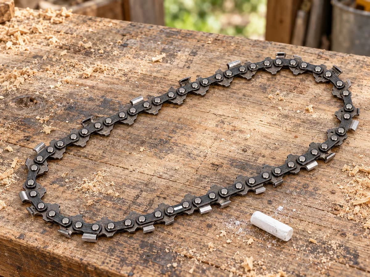 Chaîne de tronçonneuse déposée à plat sur un établi en bois, un trait de craie blanche marquant un maillon d'entraînement