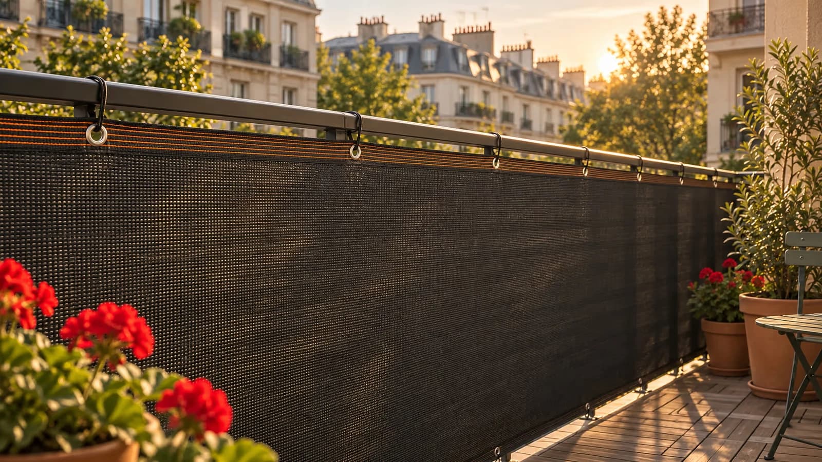 Toile d'occultation anthracite tendue sur la rambarde d'un balcon urbain, œillets et liens visibles, pots de géraniums au premier plan, lumière de fin de journée