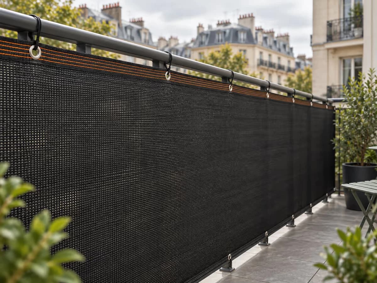 Toile d'occultation anthracite tendue sur la rambarde d'un balcon, œillets et liens visibles le long du bord supérieur