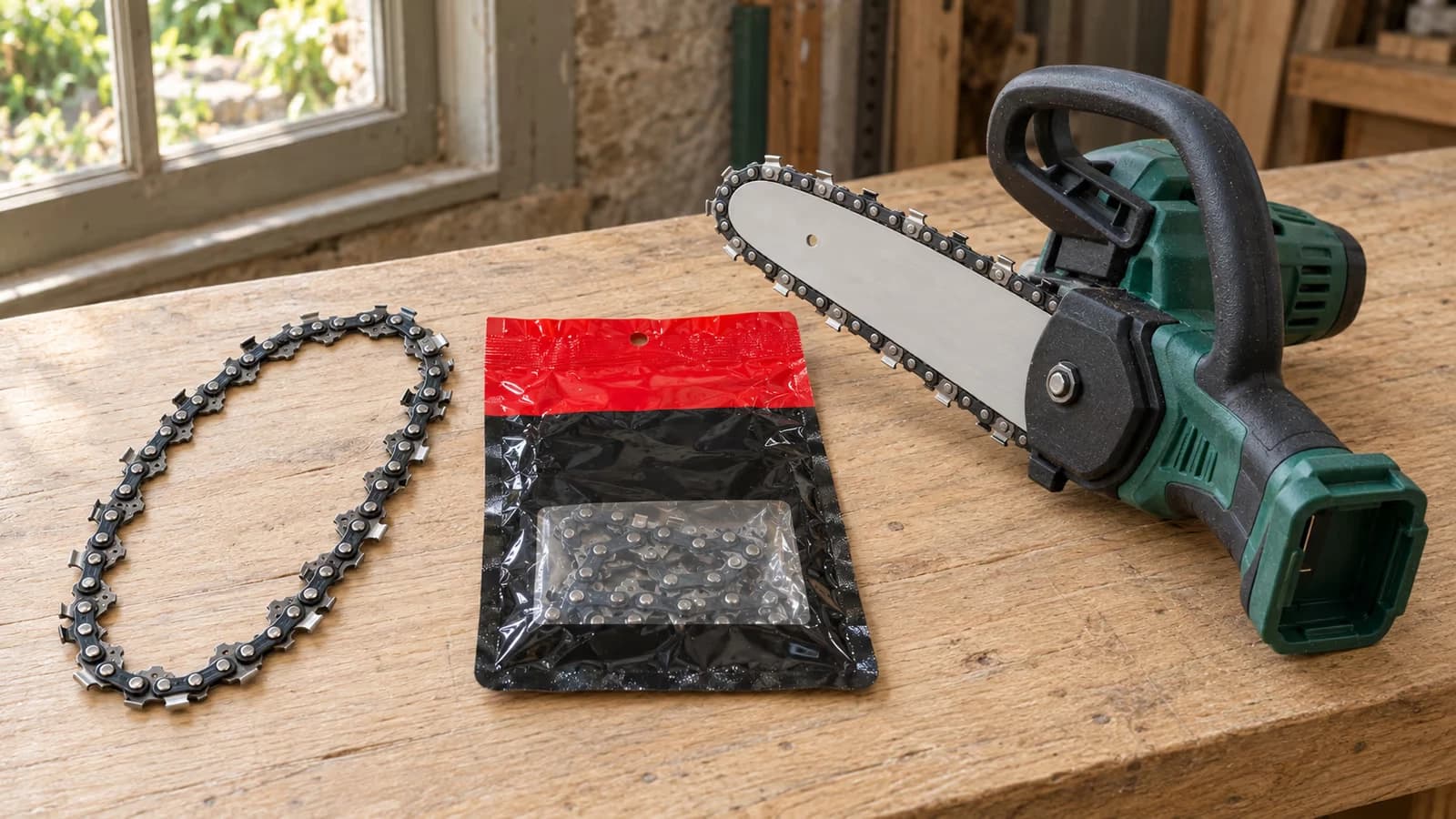 Chaîne de tronçonneuse déposée à plat sur un établi en bois, sachet d'origine et mini-tronçonneuse sans batterie posés à côté