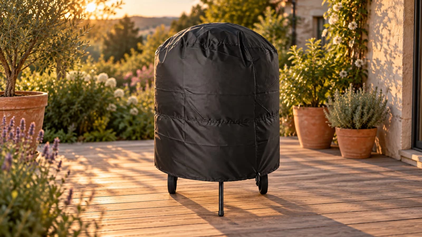 Gril à charbon rond sur pieds recouvert d'une couverture noire serrée par son cordon, sur une terrasse en bois par une lumière de fin d'après-midi d'été