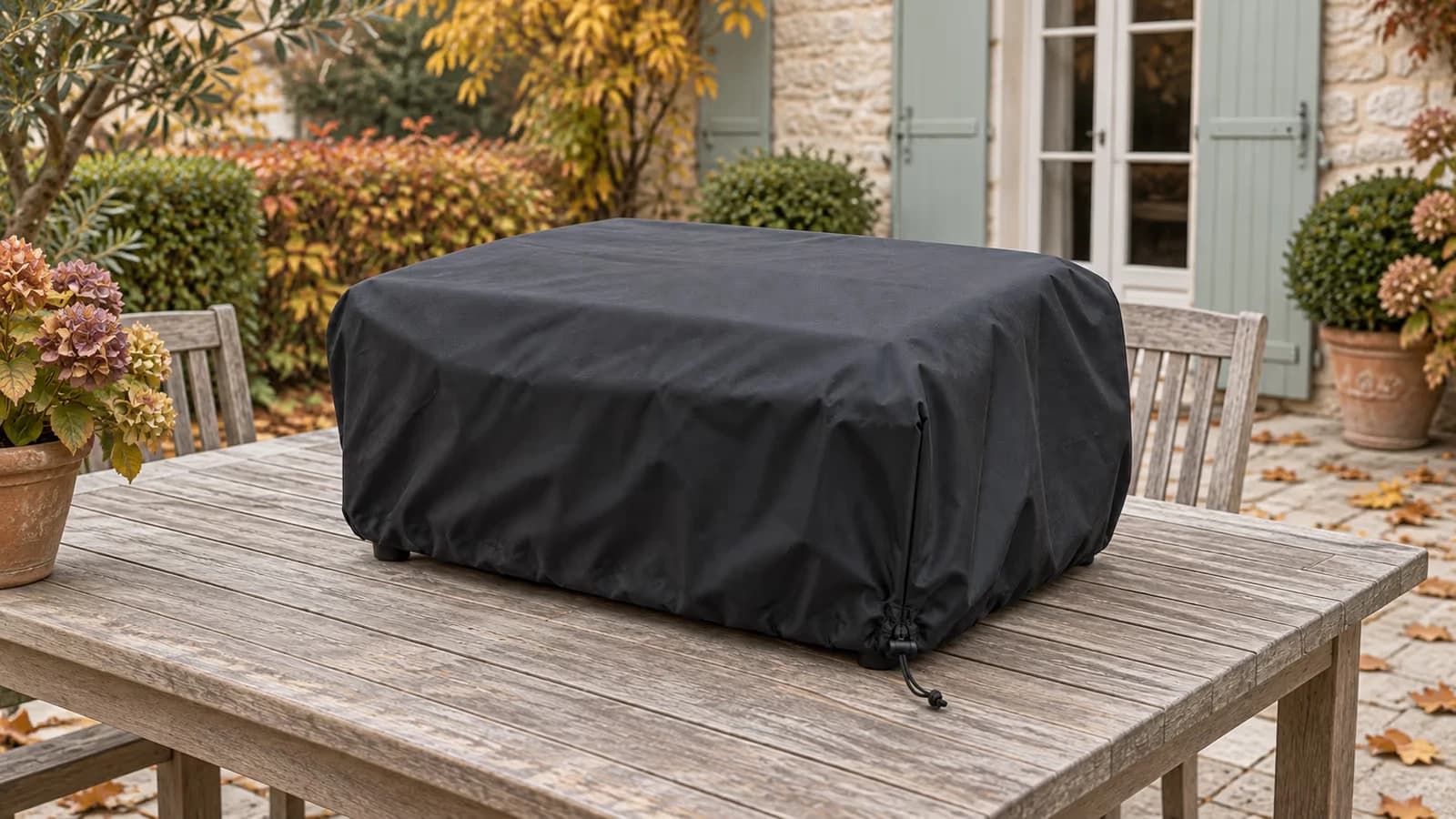 Housse de protection noire cubique posée sur une plancha de table, sur une terrasse à l'automne