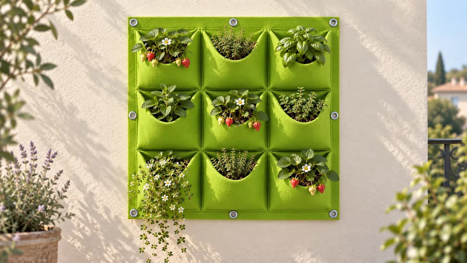 Panneau de feutre vert clair à neuf pochettes garnies d'aromatiques et de fraisiers, accroché au mur clair d'un balcon au soleil du matin