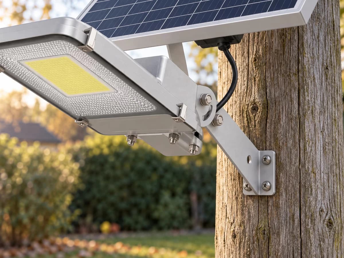 Support métallique reliant le panneau solaire au corps du lampadaire, fixé sur un poteau en bois, visserie apparente