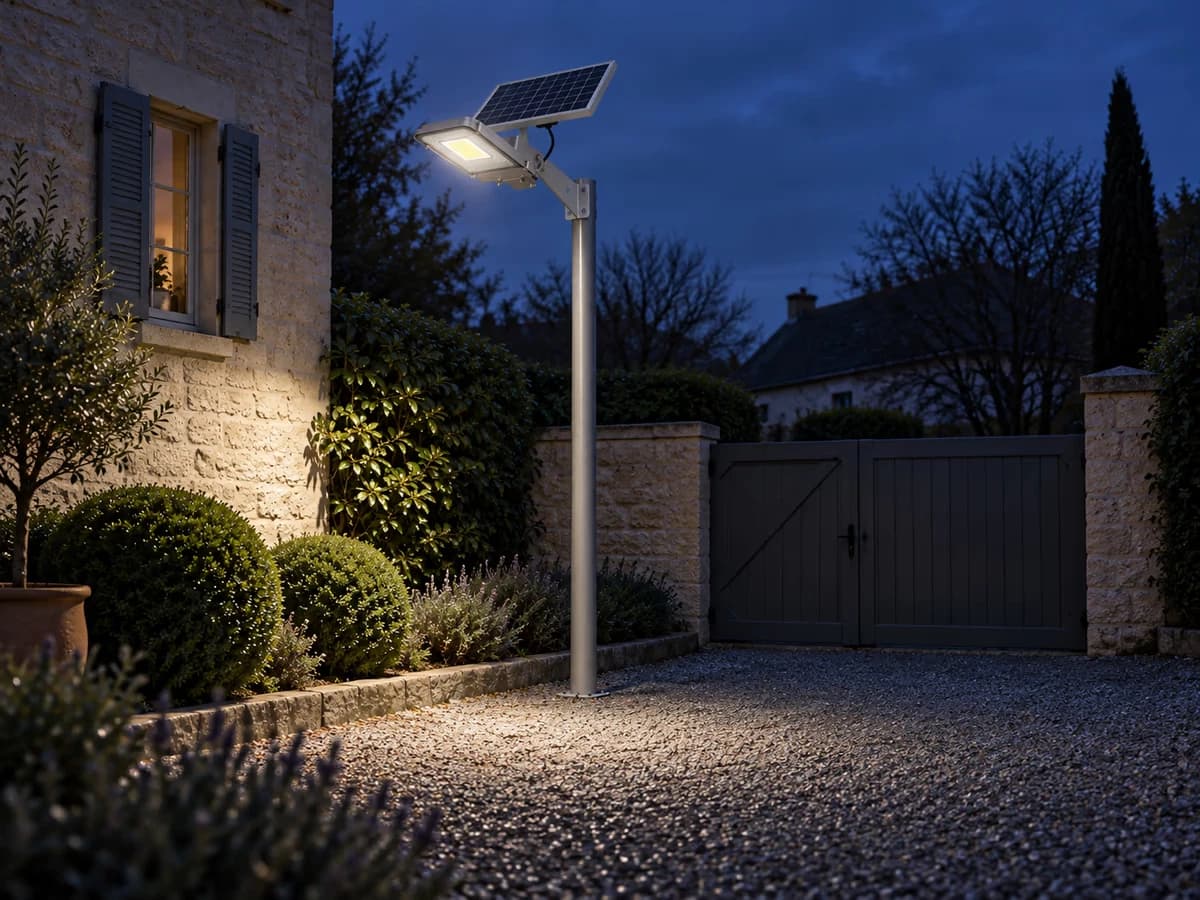 Cour de maison éclairée par un lampadaire solaire sur mât, allée de gravier et mur de pierre visibles dans la lumière du soir