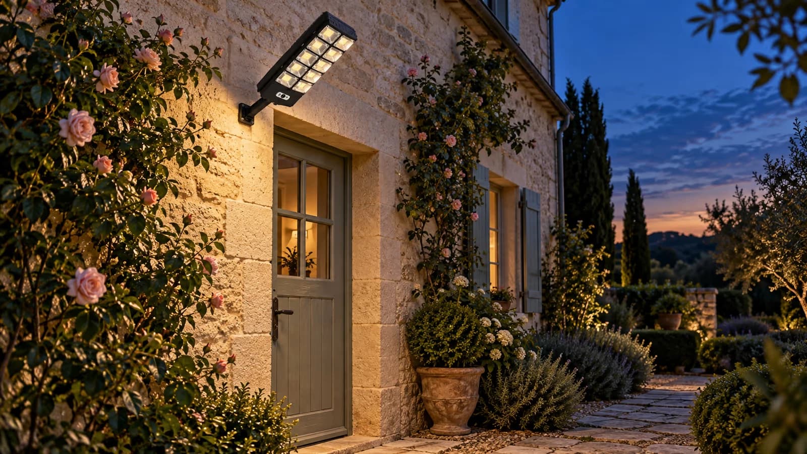 Applique solaire noire fixée au-dessus d'une porte d'entrée au crépuscule, dôme du détecteur visible en façade et panneau supérieur orienté vers le ciel