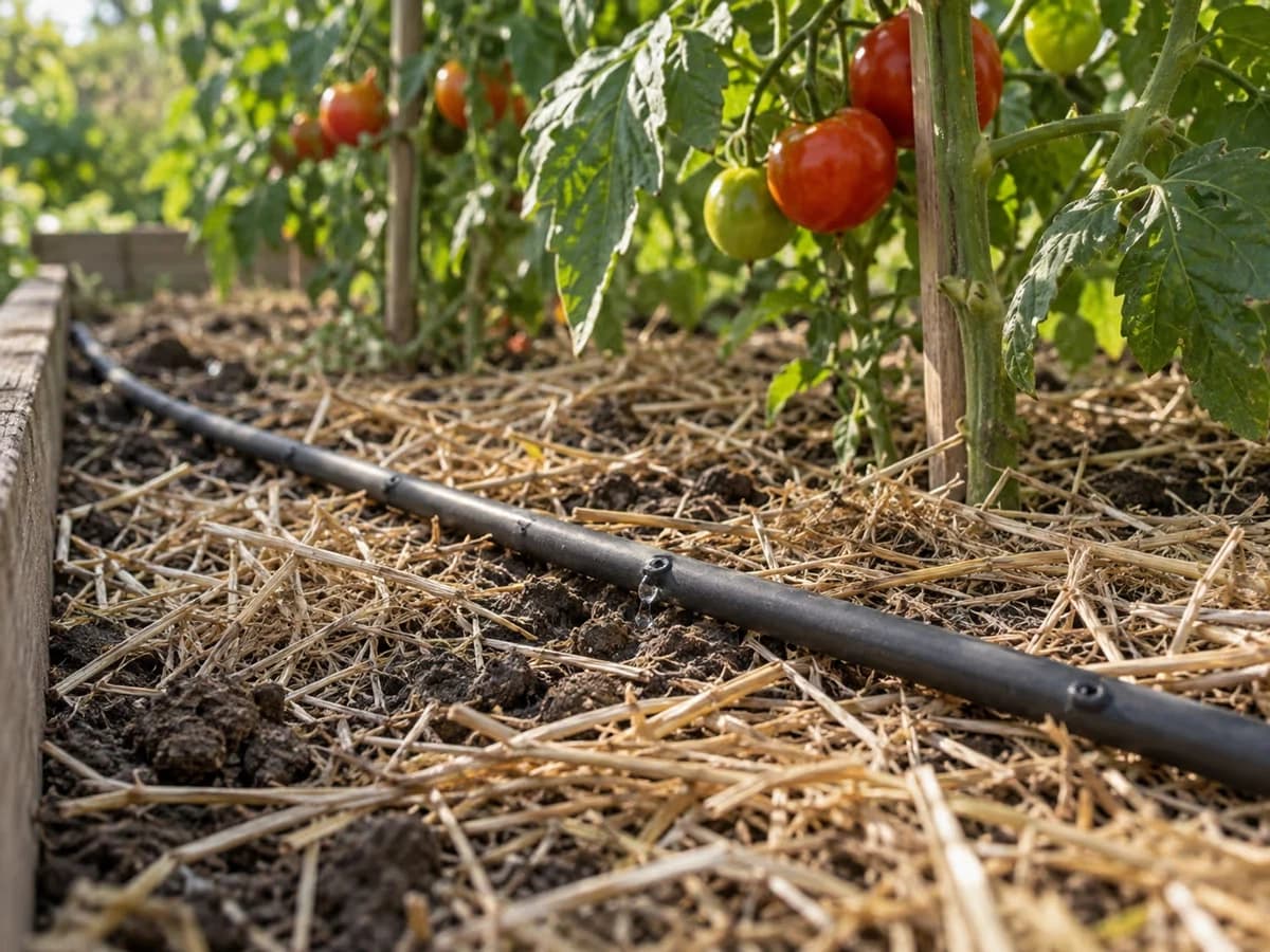 Tuyau de goutte à goutte posé sur un sol paillé au pied de plants de tomates, terre sèche en surface