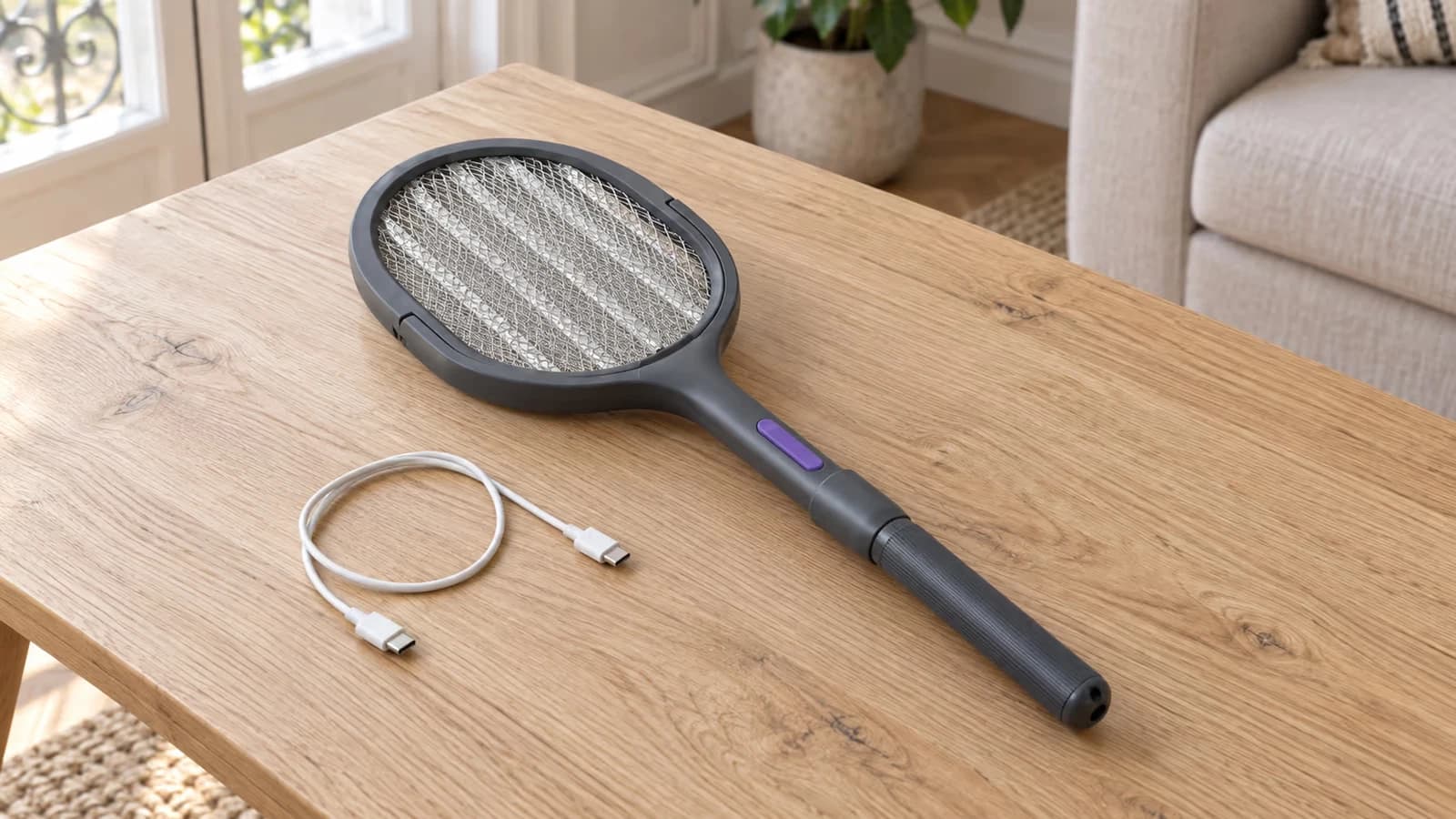 Raquette anti moustique gris foncé posée sur une table en bois clair, manche télescopique replié et câble USB-C à côté