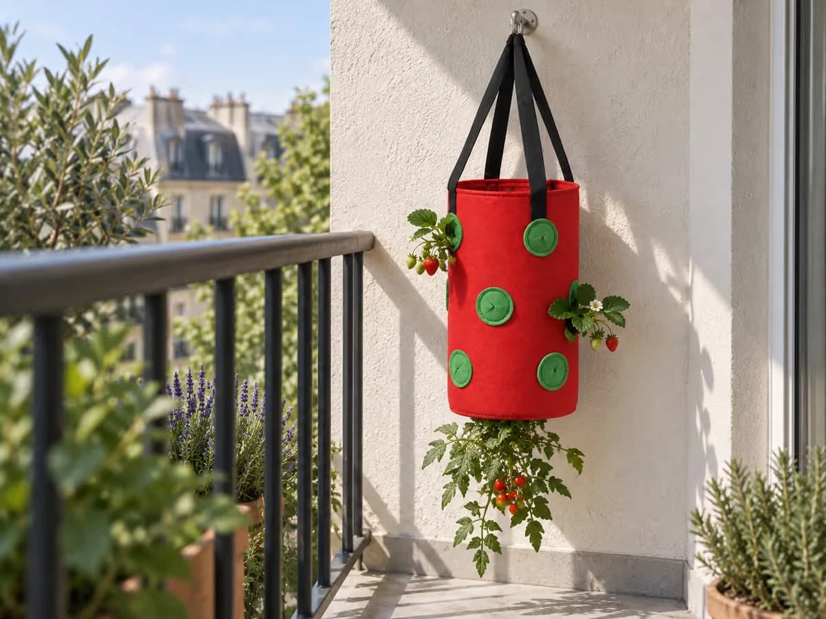 Sac de plantation suspendu en feutre rouge sur le mur clair d'un balcon, à hauteur de genou au-dessus d'un garde-corps métallique