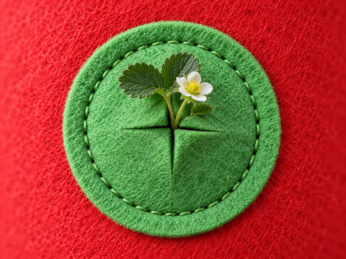 Gros plan sur une poche verte cousue sur un sac de feutre rouge, fente en croix écartée par une jeune plante