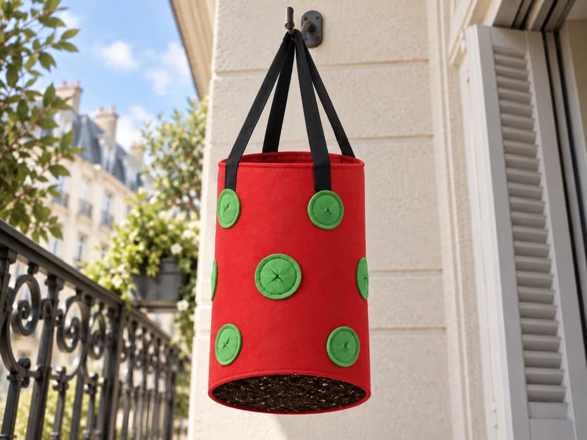 Vue de dessous d'un sac de plantation en feutre rouge garni, quatre sangles plates réunies sur un crochet unique sous le fond ouvert