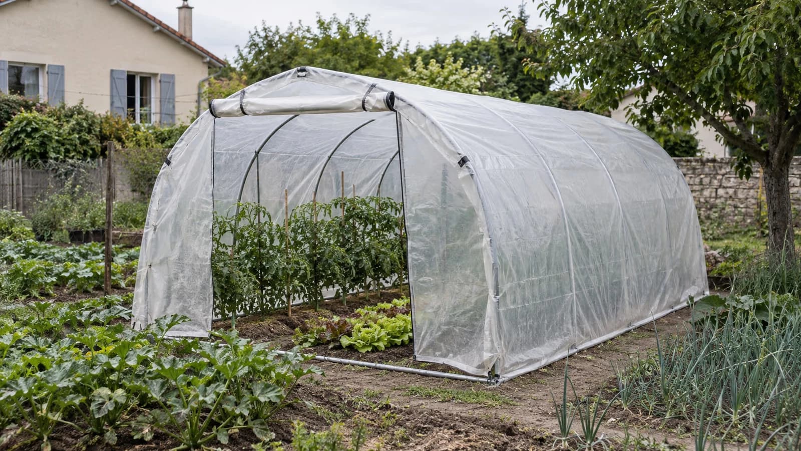 Serre tunnel de jardin 3 sur 2 mètres installée dans un potager familial français à la fin du printemps