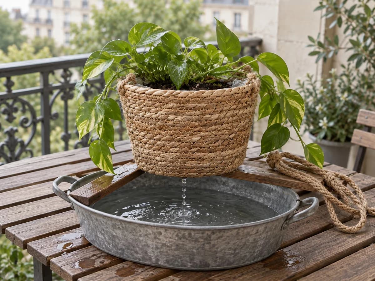 Panier tressé décroché posé au-dessus d'une bassine en zinc sur un balcon, eau qui s'égoutte par le bas du tressage