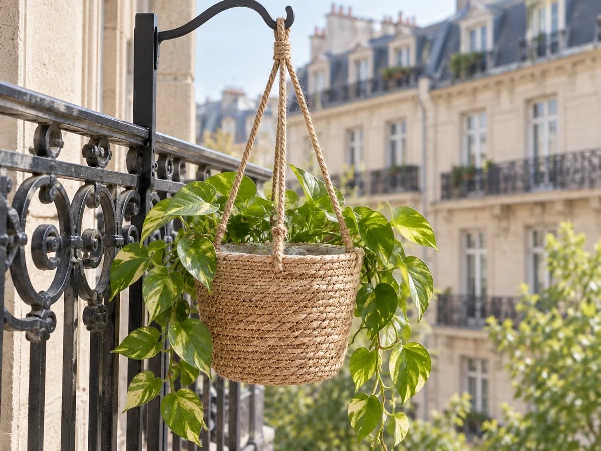 Panier tressé suspendu à une potence de balcon, plante retombante dont les tiges descendent sur le tressage beige