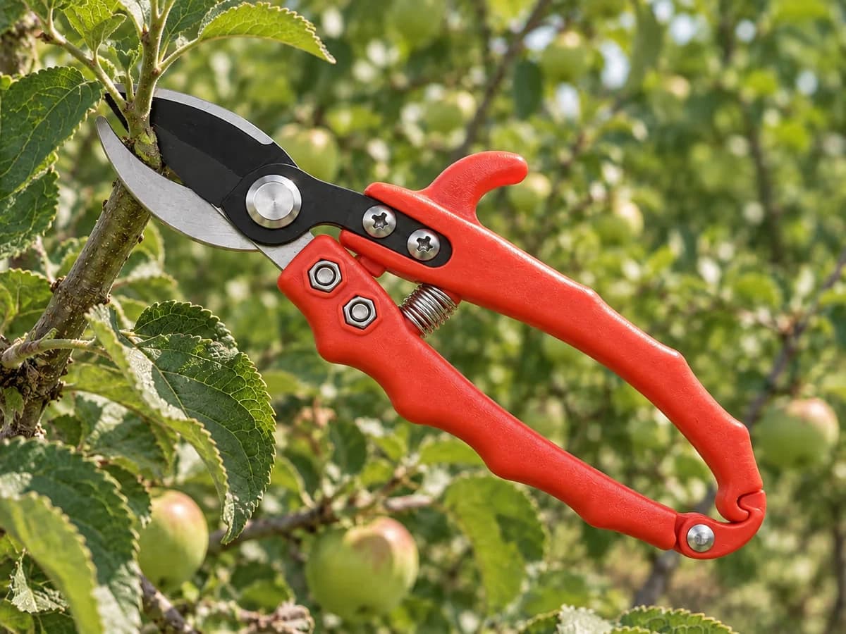 Main tenant une cisaille de greffage fermée sur un jeune rameau vert