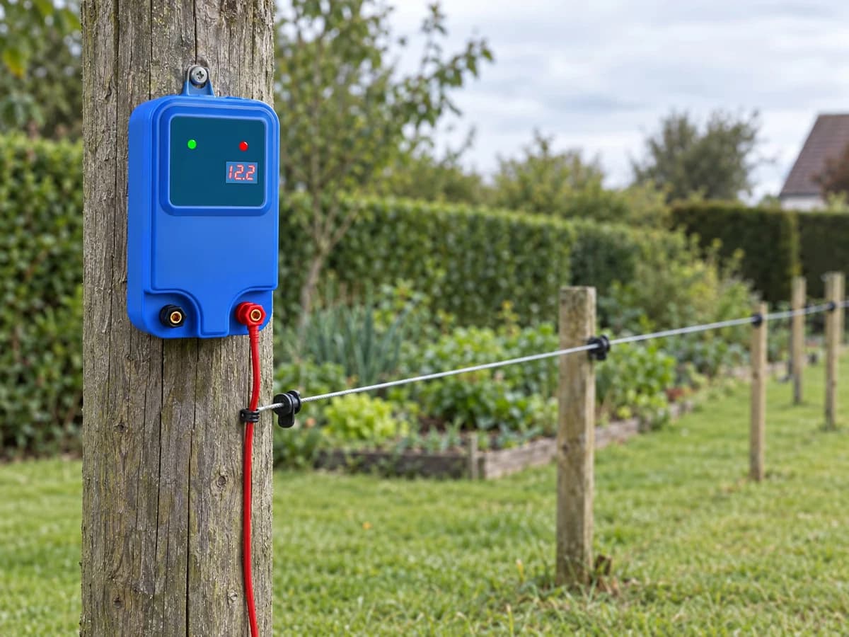 Électrificateur bleu fixé sur un poteau en bois, filin tendu entre des piquets le long d'un potager et d'une haie