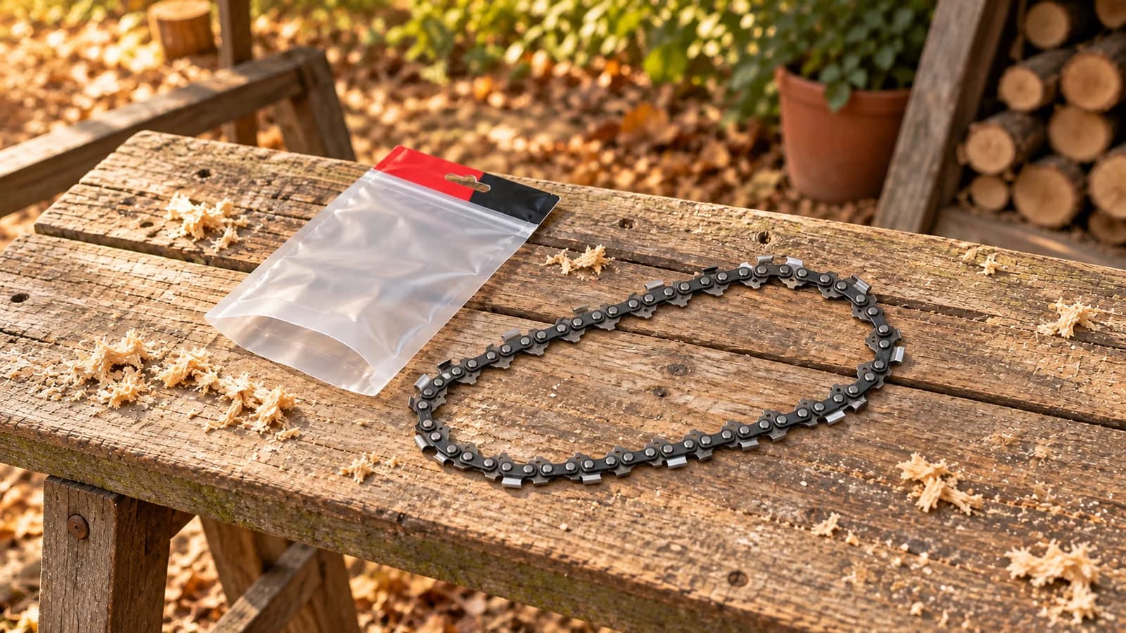 Chaîne de tronçonneuse en boucle posée à plat sur un établi en bois, son sachet imprimé ouvert juste à côté
