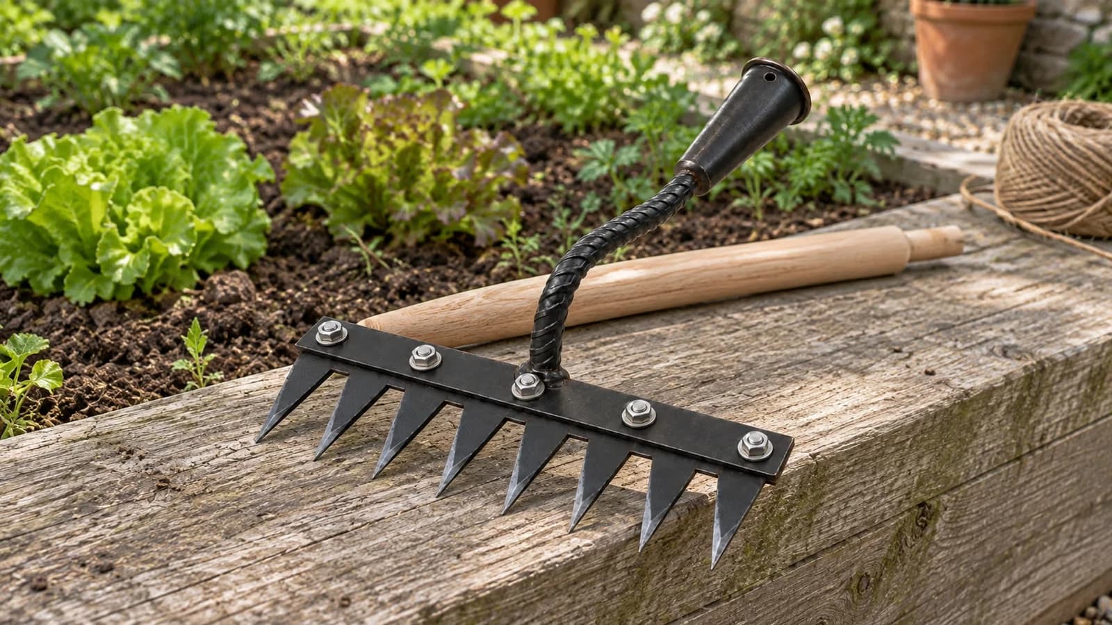 Griffe sarcloir à huit dents plates posée sur une planche de potager, sa douille conique vide à côté d'un manche en bois