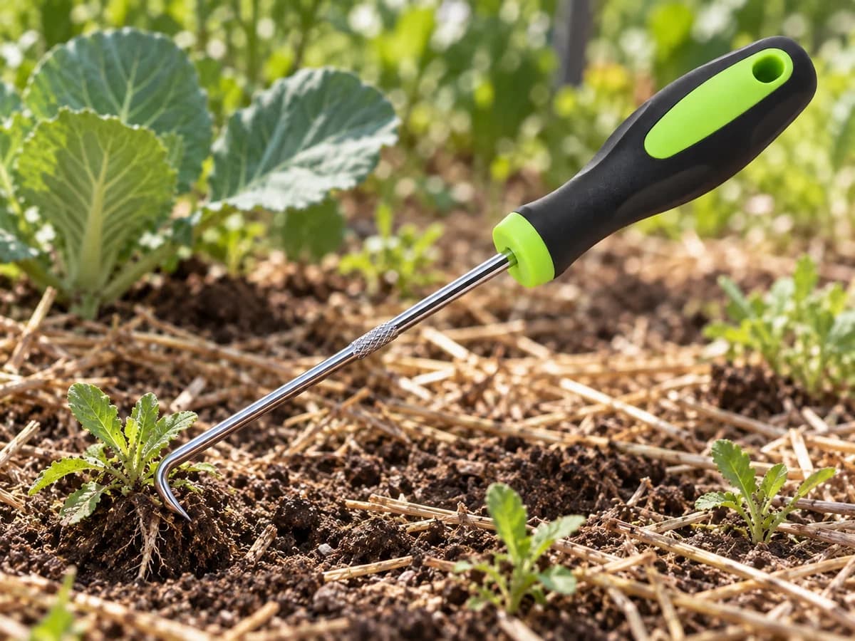 Crochet extracteur de racines à poignée bimatière planté sous une jeune herbe, racine sortie avec sa motte de terre dans un massif paillé