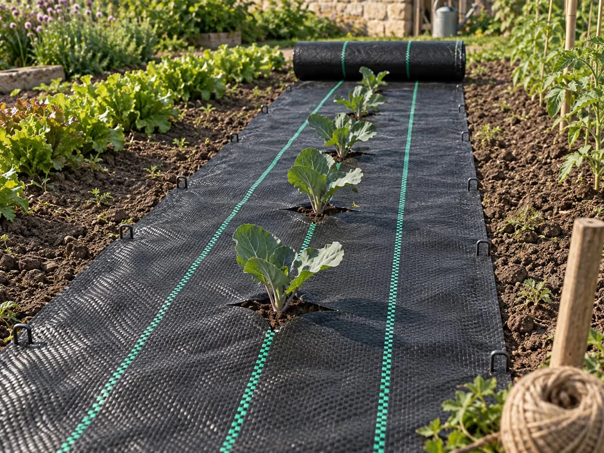 Toile de paillage tissée déroulée sur une bande de terre nue entre deux rangs de légumes, agrafes plantées sur les bords et plants passés par des fentes en croix