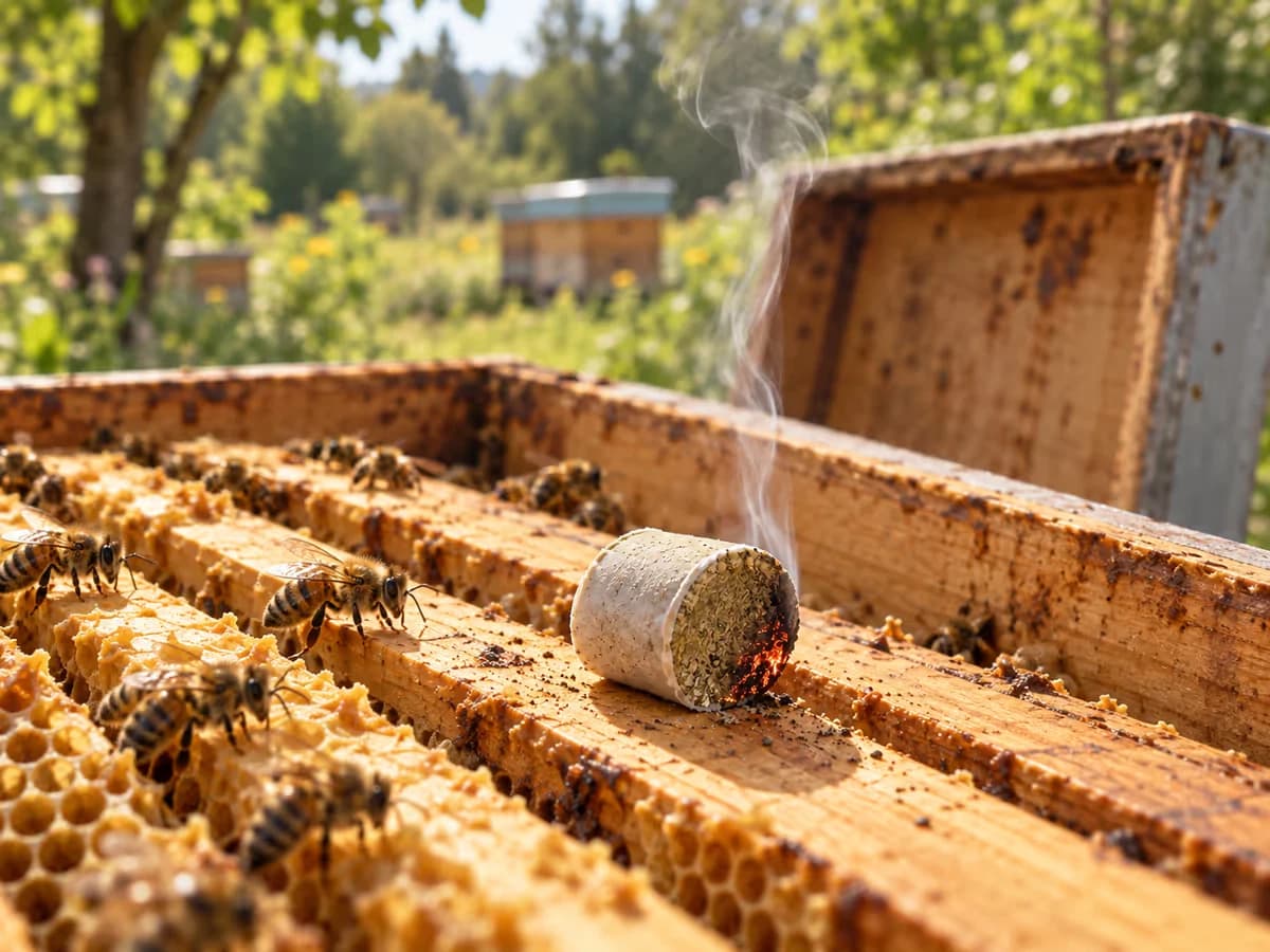 Bâtonnet de fumigation beige et olive qui se consume sur les têtes de cadres d'une ruche ouverte, mince filet de fumée blanche, couvercle en appui contre la paroi