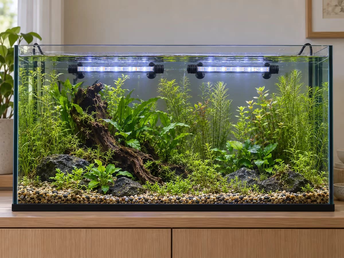 Aquarium de un mètre vu de face avec deux barres LED posées côte à côte le long de la vitre supérieure, plantes hautes éclairées sur toute la façade