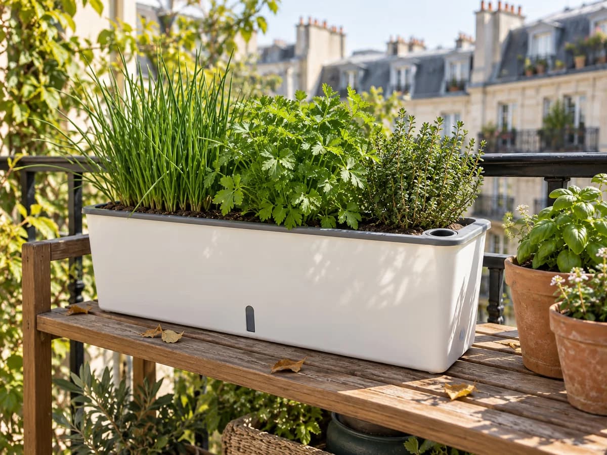 Jardinière à réserve d'eau sur une étagère de balcon en été, plantes aromatiques et réserve visible en façade