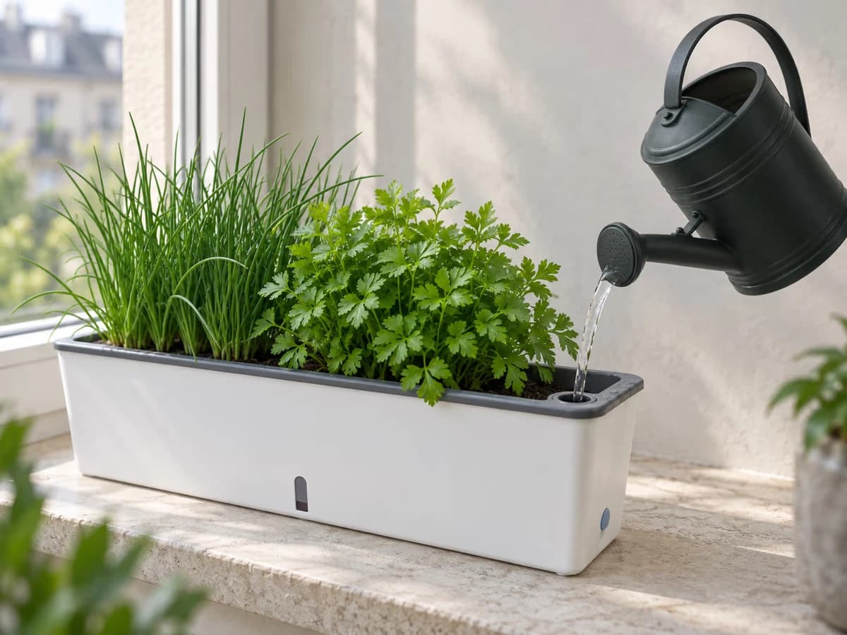 Arrosoir à bec fin posé contre l'orifice de remplissage d'une jardinière blanche sur un rebord, réserve visible à mi-niveau