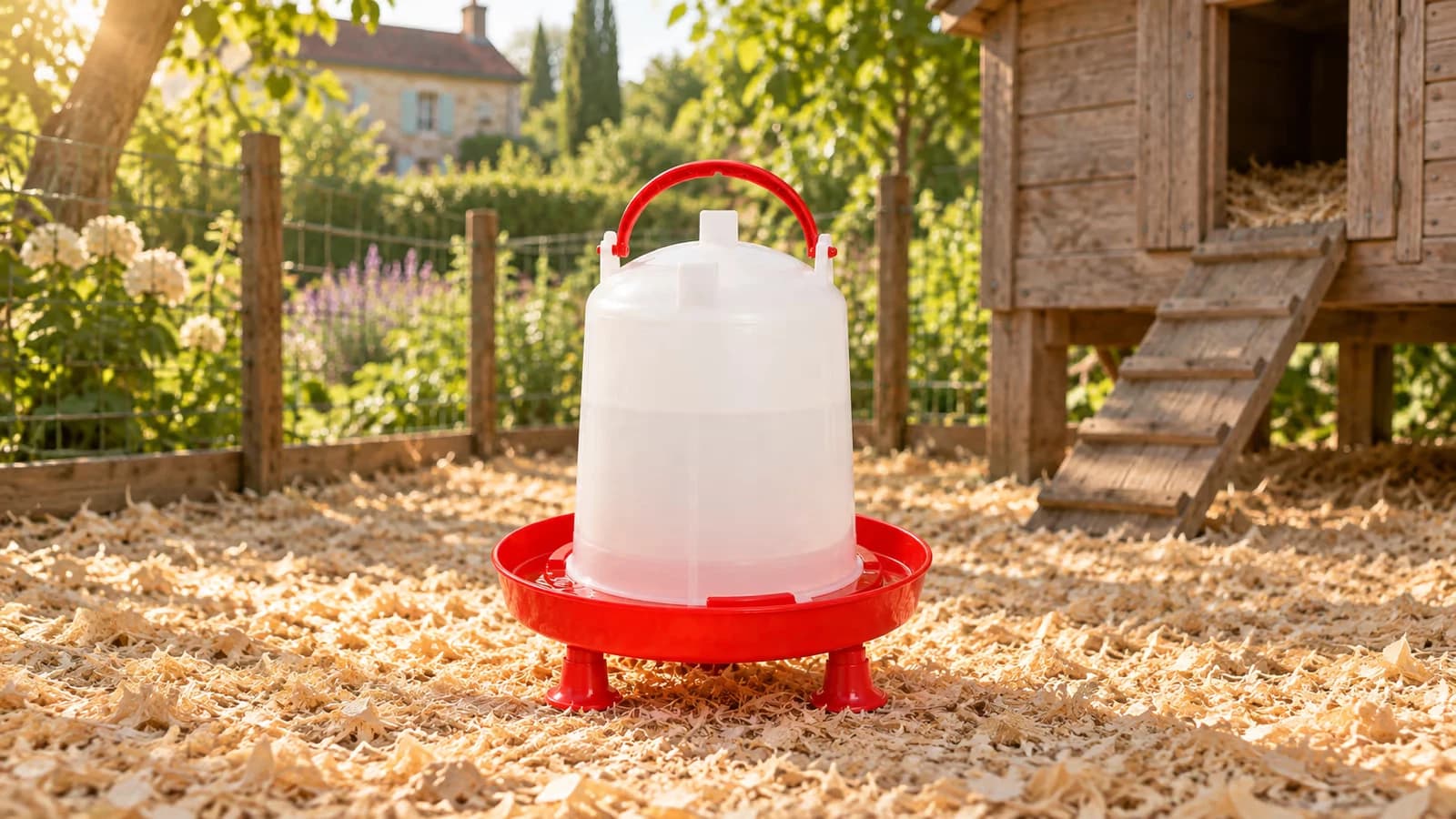 Abreuvoir à gravité monté sur ses trois pieds dans la litière claire d'un poulailler de jardin, réservoir blanc et coupelle rouge, lumière du matin
