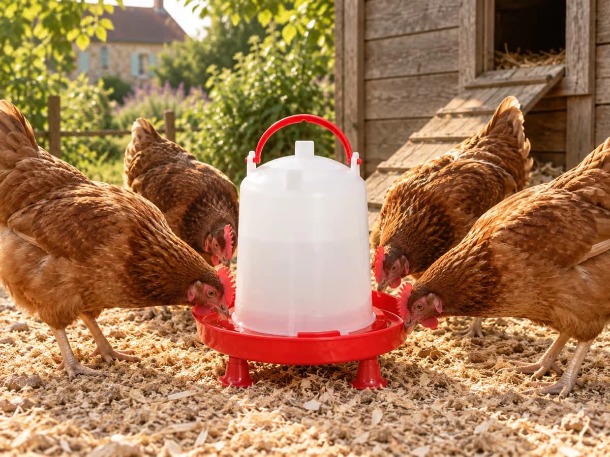 Poules rousses buvant à la coupelle rouge d'un abreuvoir sur pieds, litière de copeaux clairs, poulailler de jardin en bois à l'arrière-plan