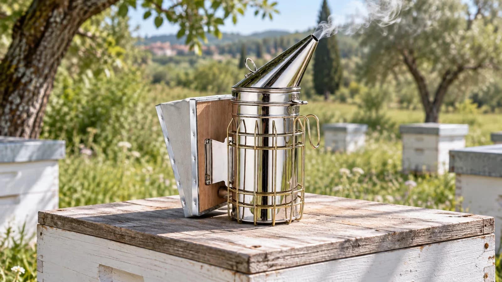 Enfumoir en inox à soufflet de cuir posé sur le toit d'une ruche en bois, filet de fumée blanche sortant du bec conique, rucher du matin