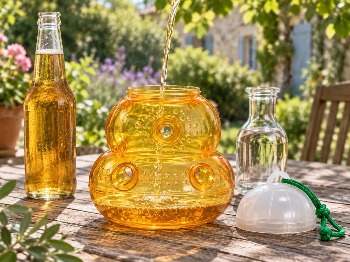 Bouteille de bière blonde et vinaigre blanc posés à côté d'un piège transparent en train d'être rempli