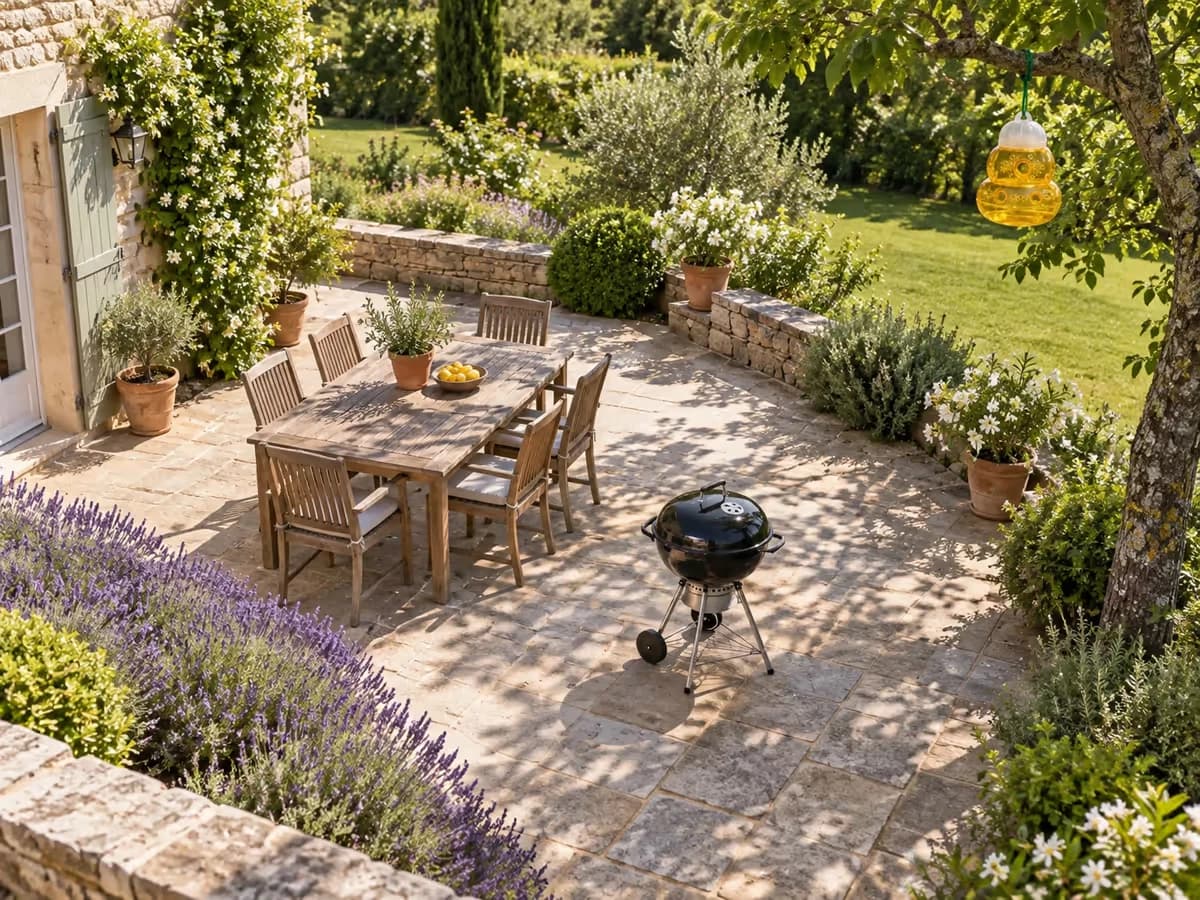 Terrasse vue de haut : table avec four extérieur au centre, zone fleurie d'un côté, piège suspendu en lisière à l'opposé, fléché pour montrer la distance