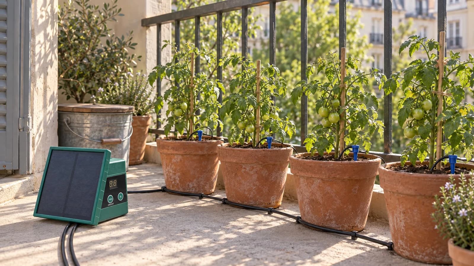 Bloc solaire vert posé sur un balcon au petit matin, tuyau noir déroulé le long d'une rangée de pots de tomates