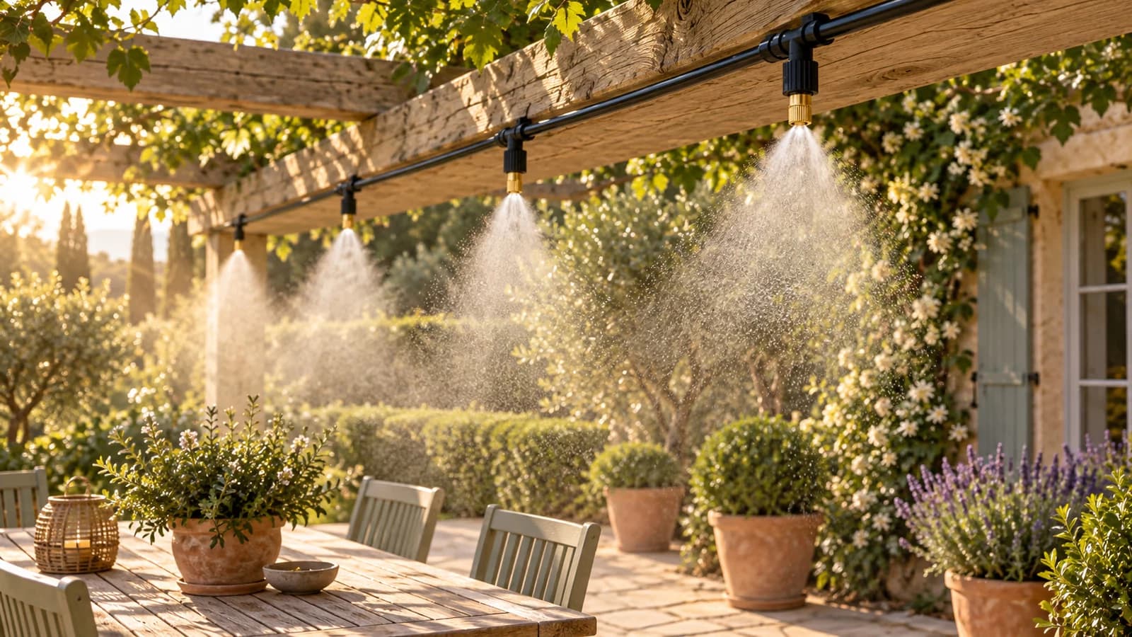 Ligne de brumisation en tuyau noir fixée sous une pergola, buses en laiton diffusant une brume fine au-dessus d'une table de terrasse