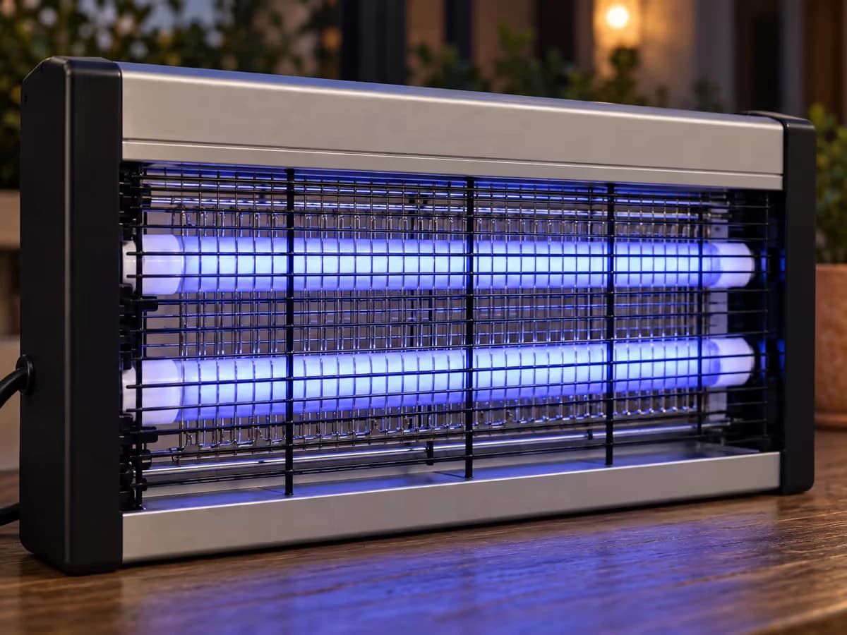 Gros plan sur les deux tubes ultraviolets horizontaux d'une lampe anti moustique, façade grillagée et bac amovible visibles sous les tubes