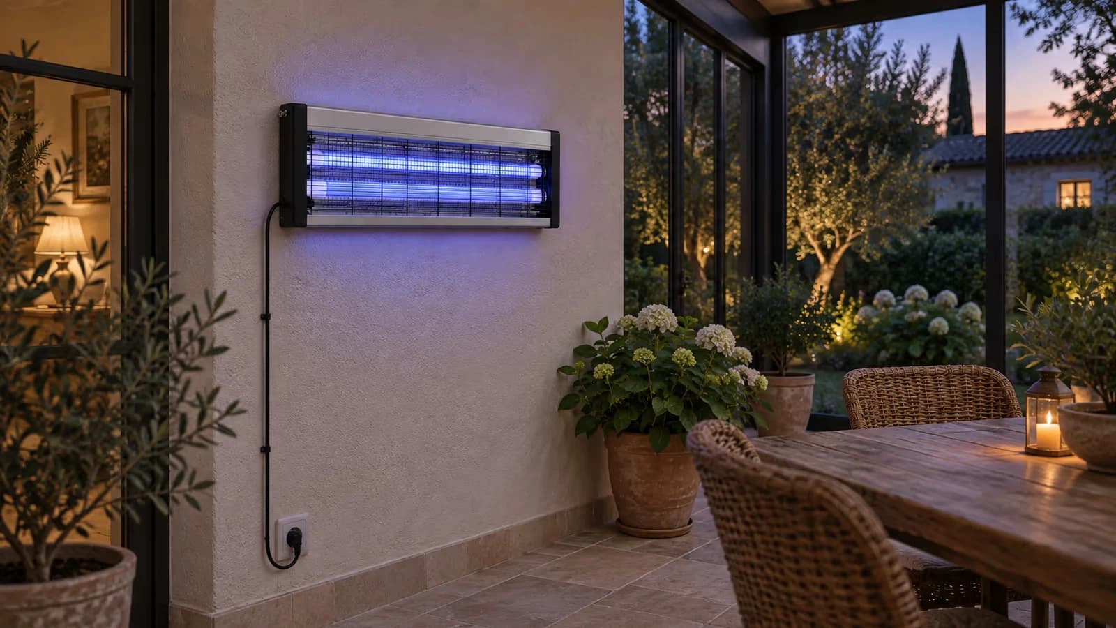 Lampe anti moustique UV fixée contre le mur d'une véranda au crépuscule, deux tubes bleutés visibles derrière la façade grillagée