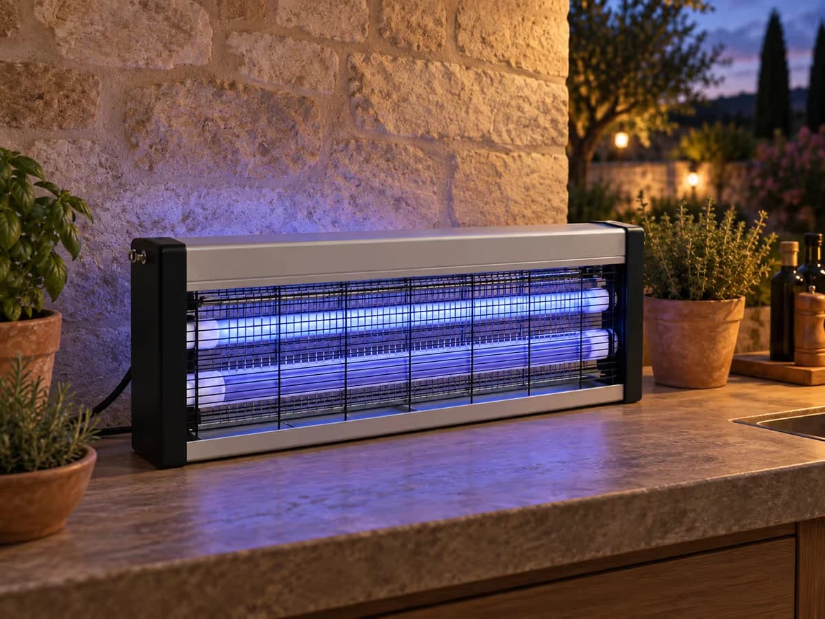 Lampe anti moustique UV posée à plat contre le mur d'une cuisine d'été, façade grillagée dégagée, halo bleuté sur le mur