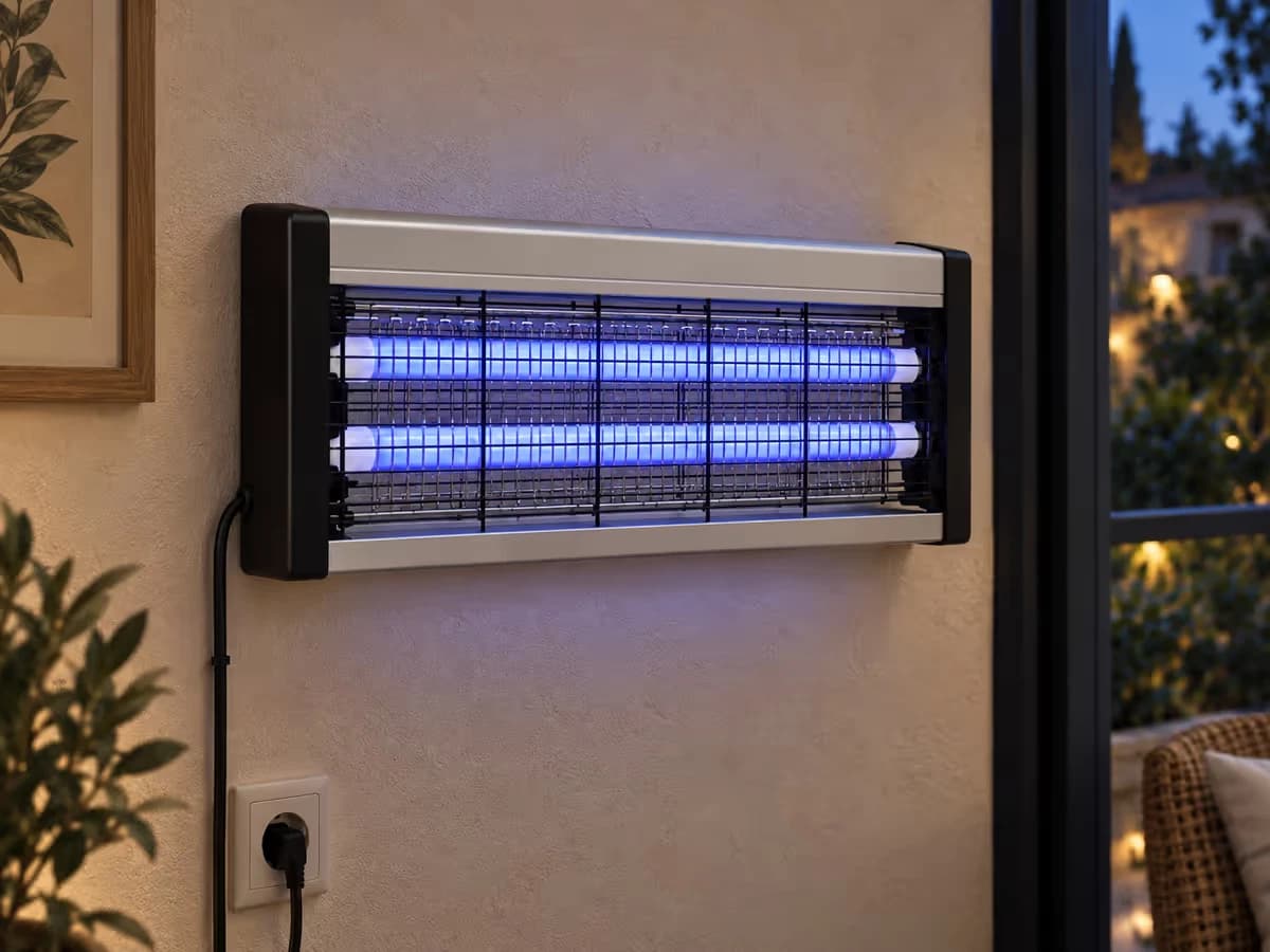 Lampe anti moustique UV fixée à hauteur de regard sur un mur de véranda, câble le long du mur vers une prise abritée, halo bleuté dans la pénombre