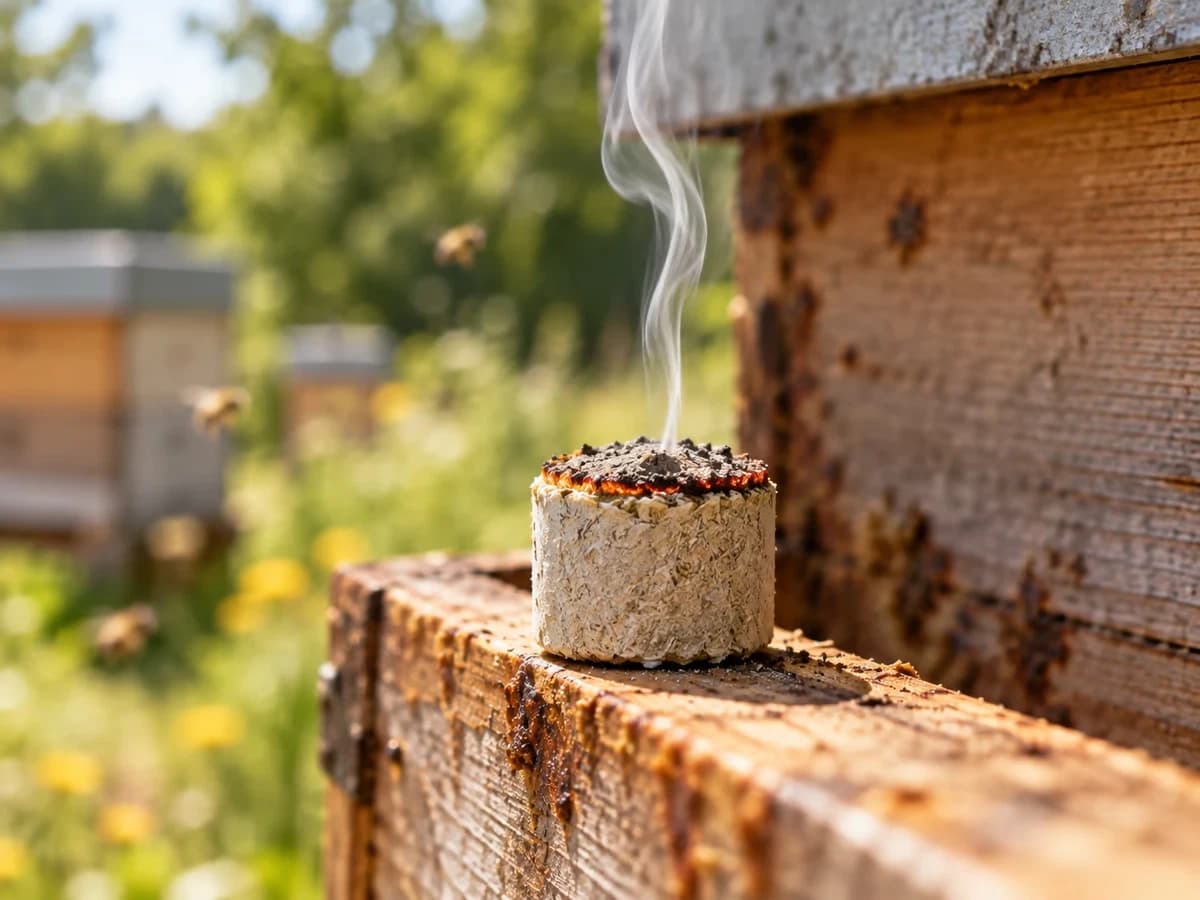 Bâtonnet de fumigation beige au bout incandescent posé en équilibre sur le rebord d'une ruche en bois, fin filet de fumée blanche montant dans la lumière