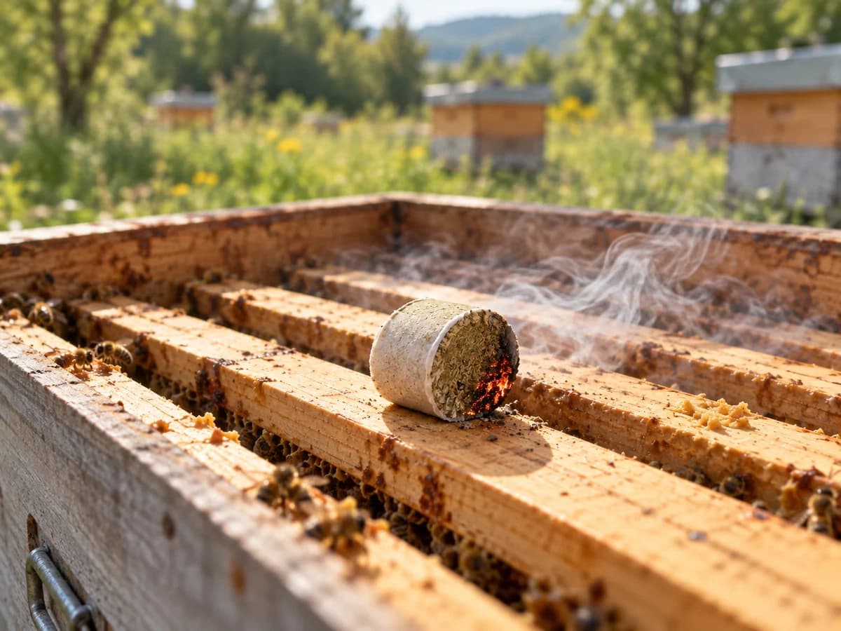 Bâtonnet de fumigation déposé à plat sur les têtes de cadres d'une ruche ouverte, fumée blanche se répandant entre les cadres vers l'arrière de la caisse