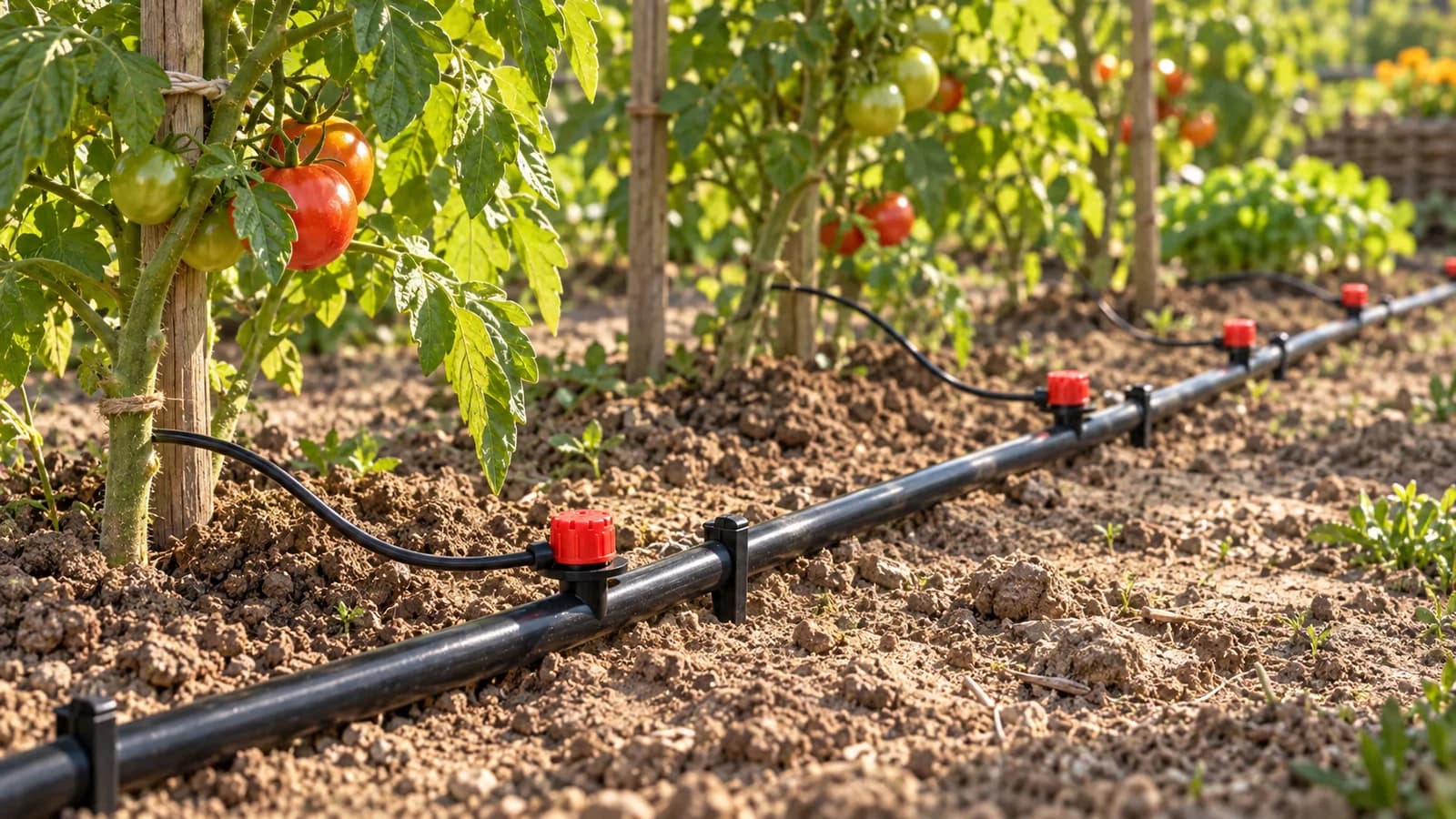 Tuyau noir de 16 mm déroulé entre deux rangs de tomates, goutteurs plantés dans la gaine face à chaque pied