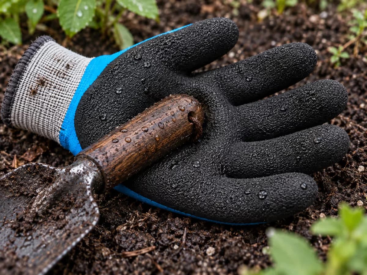 Gant de jardin noir à paume grainée, manche en bois d'un transplantoir posé en travers, terreau humide et gouttes d'eau sur la paire
