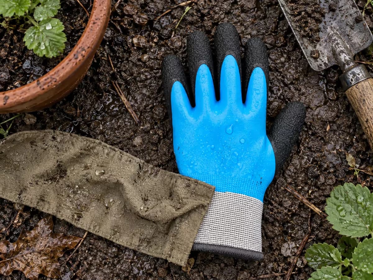 Poignet côtelé d'un gant de jardin qui dépasse d'une manche de veste en toile, gouttes d'eau perlant sur le tissu, terre humide au sol en arrière-plan