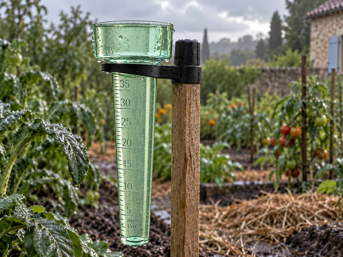 Coupelle évasée d'un pluviomètre de jardin remplie à ras après un orage, eau au niveau du dernier repère chiffré du tube