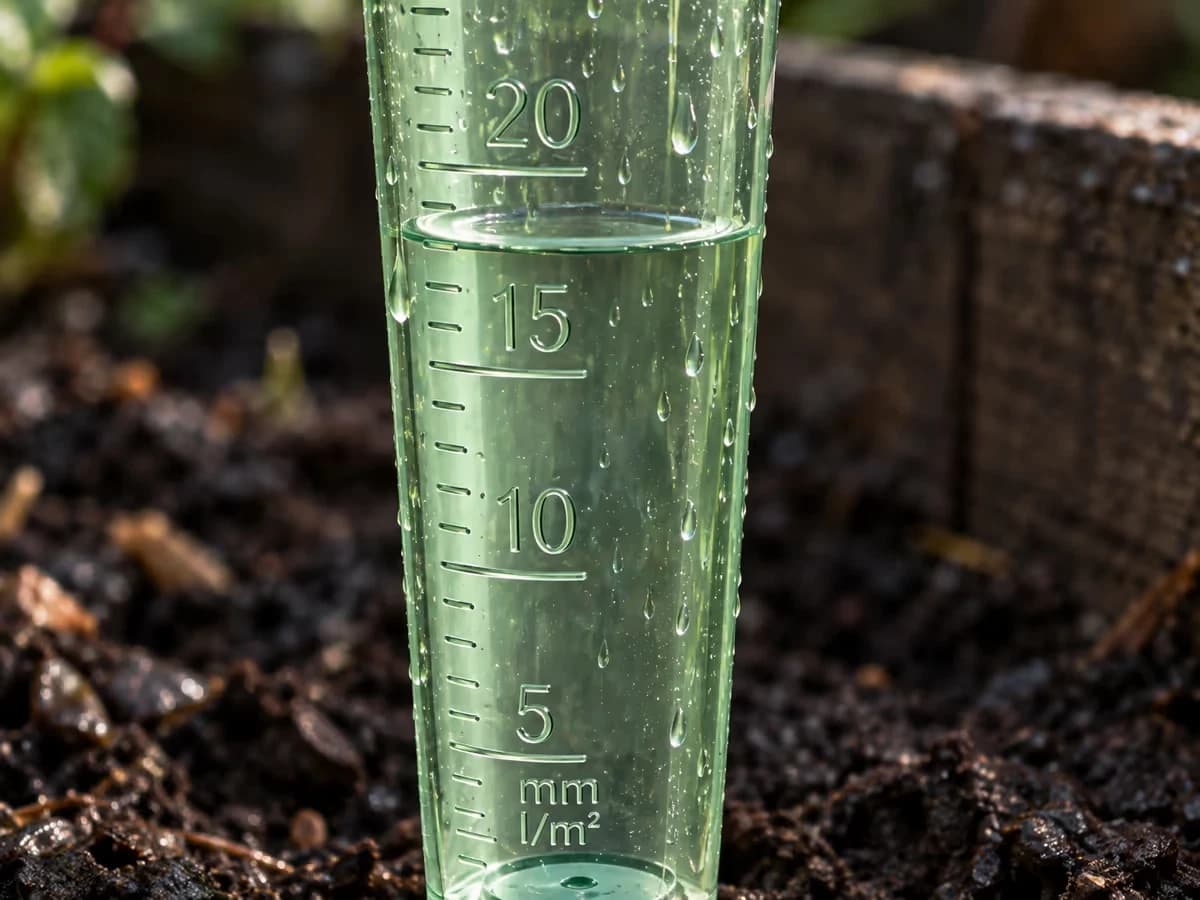 Graduation d'un pluviomètre de jardin, surface de l'eau arrêtée sur un trait intermédiaire entre deux repères chiffrés