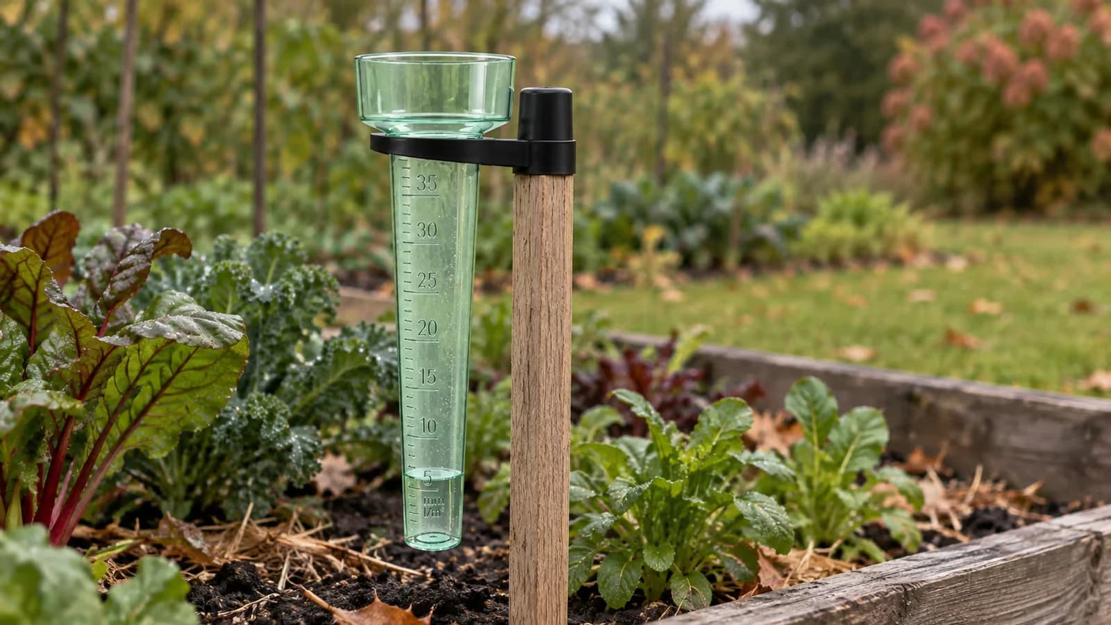 Pluviomètre de jardin sur son piquet au bord d'un carré de potager, eau arrêtée juste au-dessus du repère cinq millimètres