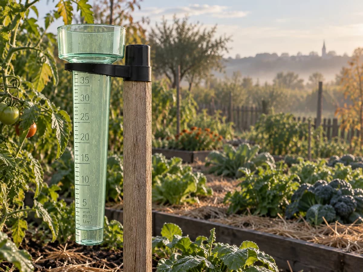 Pluviomètre de jardin sur son piquet à l'aube, carré de potager paillé en arrière-plan, rosée sur les feuilles basses